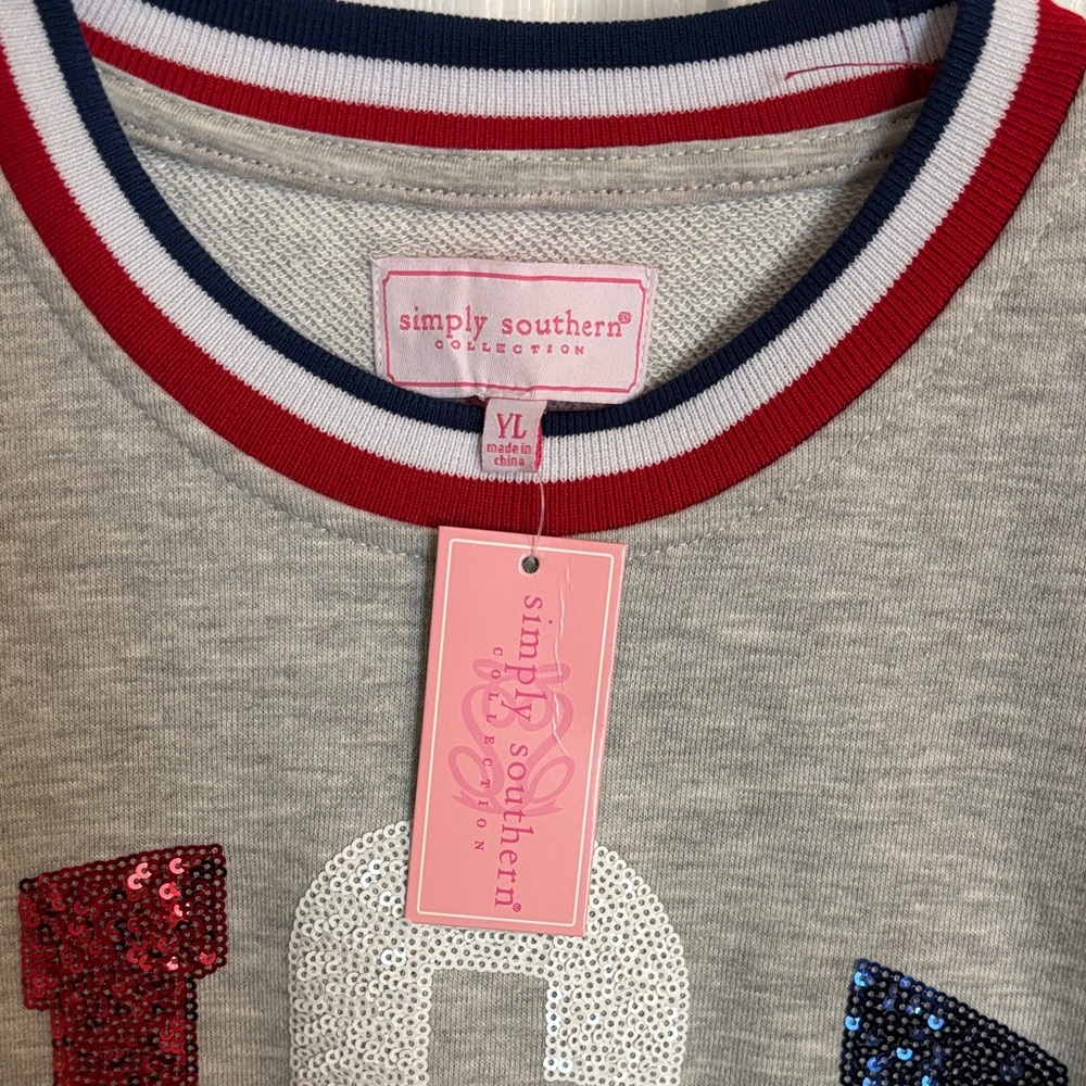 Simply Southern Gray Sweatshirt with Red, White & Blue Sequin Details & Star YL - Picture 2 of 5